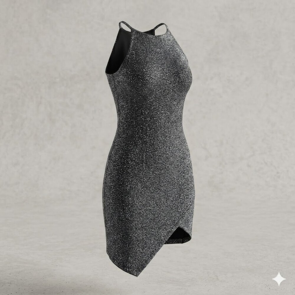Topshop Mini Bodycon Metallic Silver Dress Halter Neck Asymmetrical Party EUC